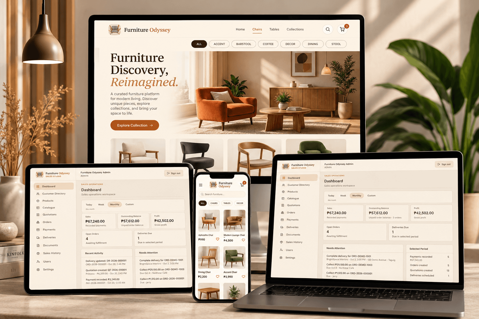 Furniture Odyssey website and business system across desktop, tablet, laptop, and mobile