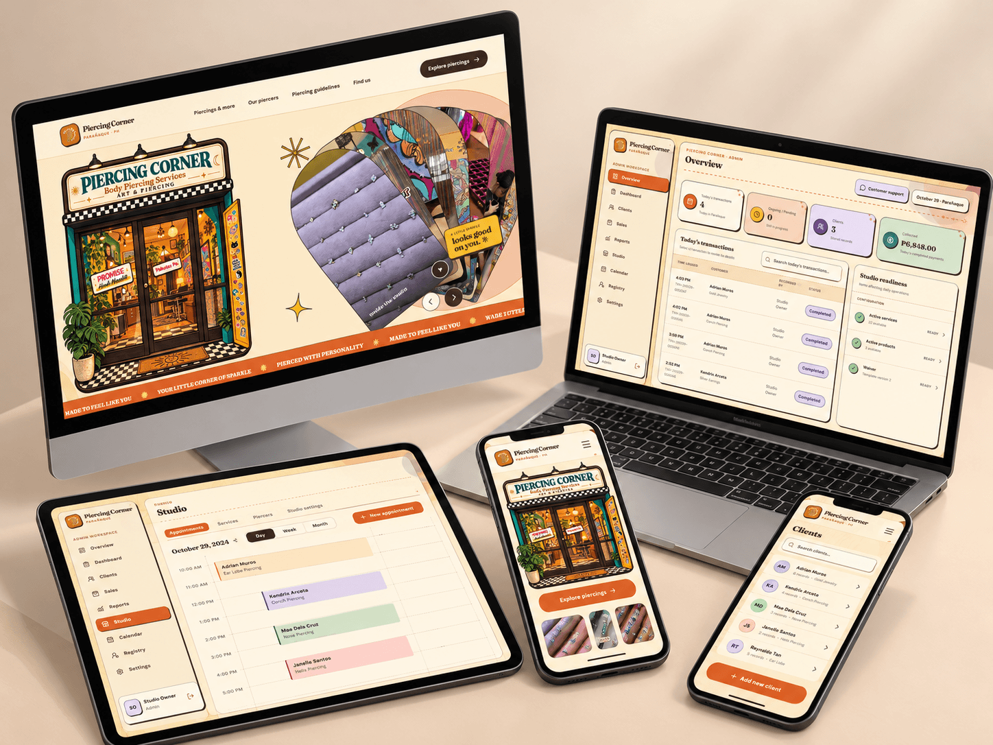 Piercing Corner website and business system across desktop, tablet, laptop, and mobile